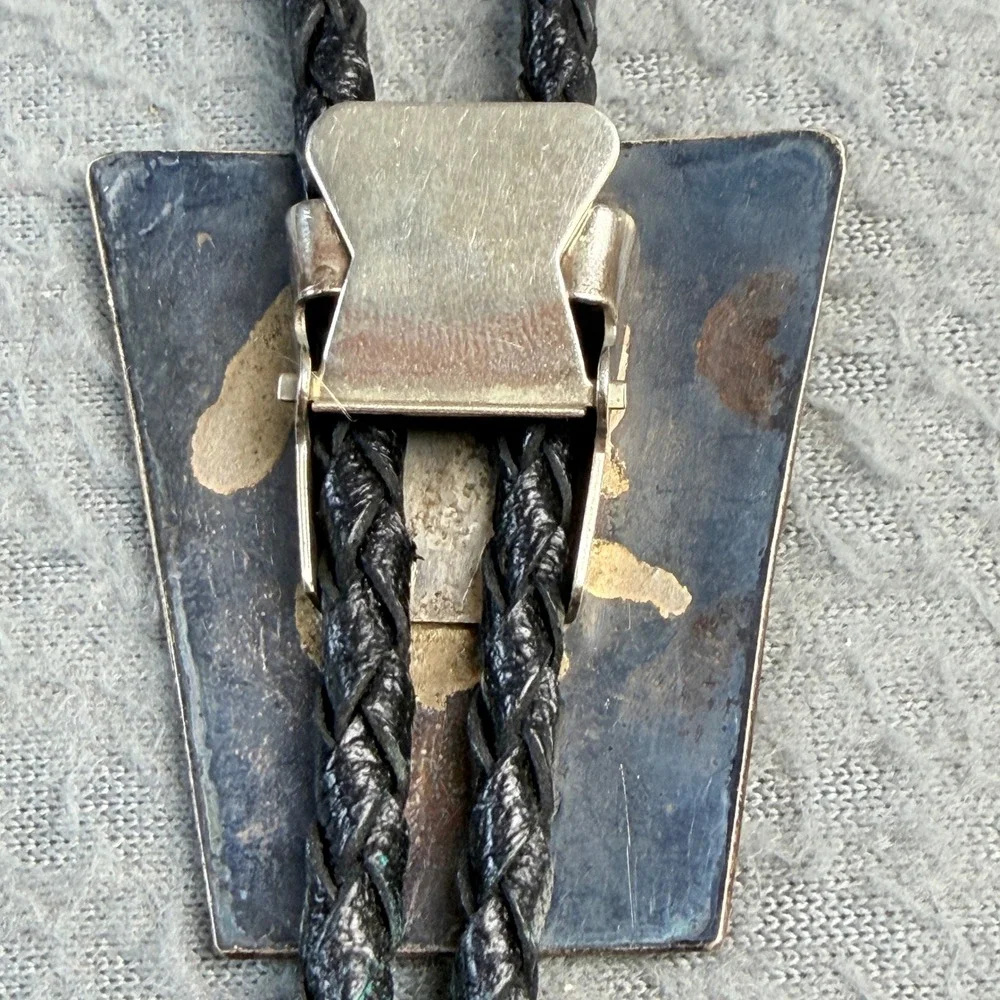 Vintage Hopi Sterling Silver Overlay Turtle Bolo Tie Braided Black Leather Tie